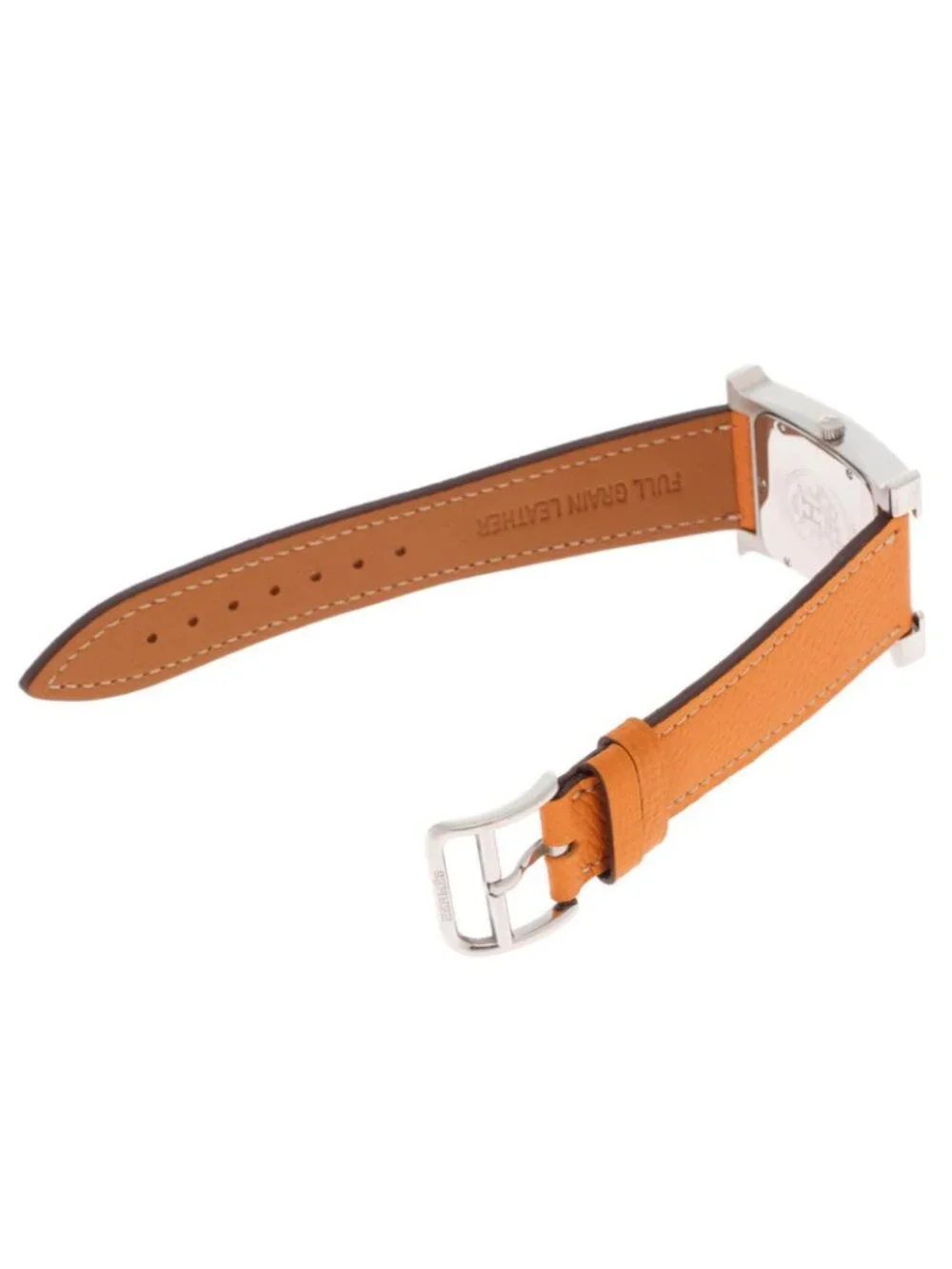 Hermes H Watch SS Stainless Steel Leather Strap Black Orange Line Dial Quartz